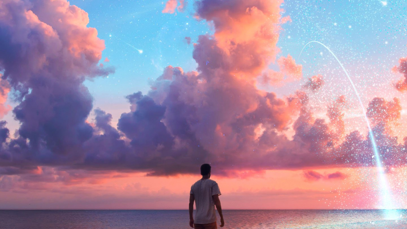 Обои рассвет зоопарк, двое, арт, soundcloud, вода в разрешении 1366x768