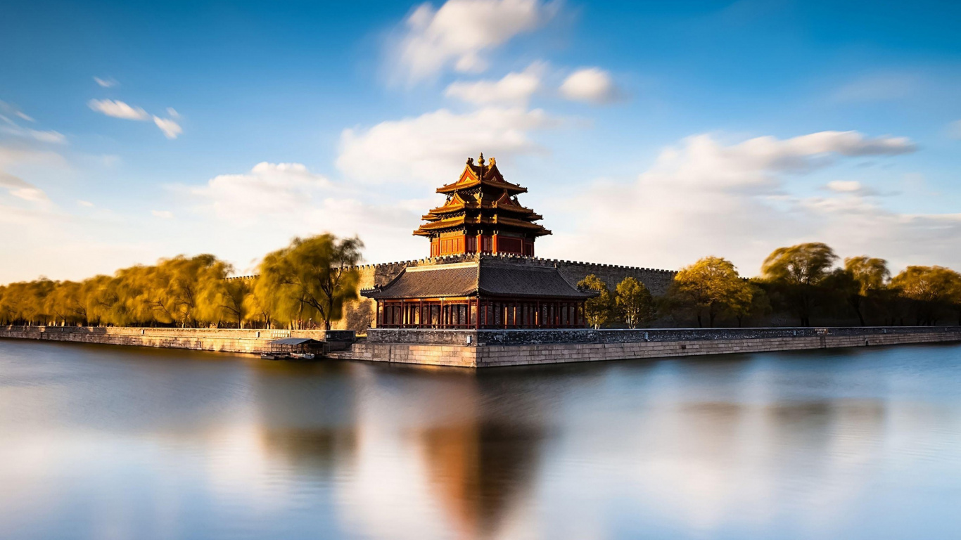 Обои запретный город, достопримечательность, отражение, вода, ориентир в разрешении 1366x768