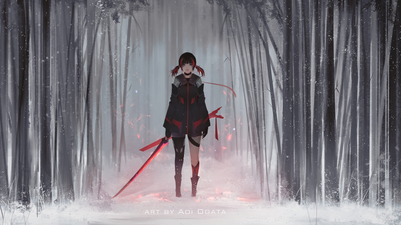 Обои Огата Аой, аниме, дерево, забава, зима в разрешении 1280x720