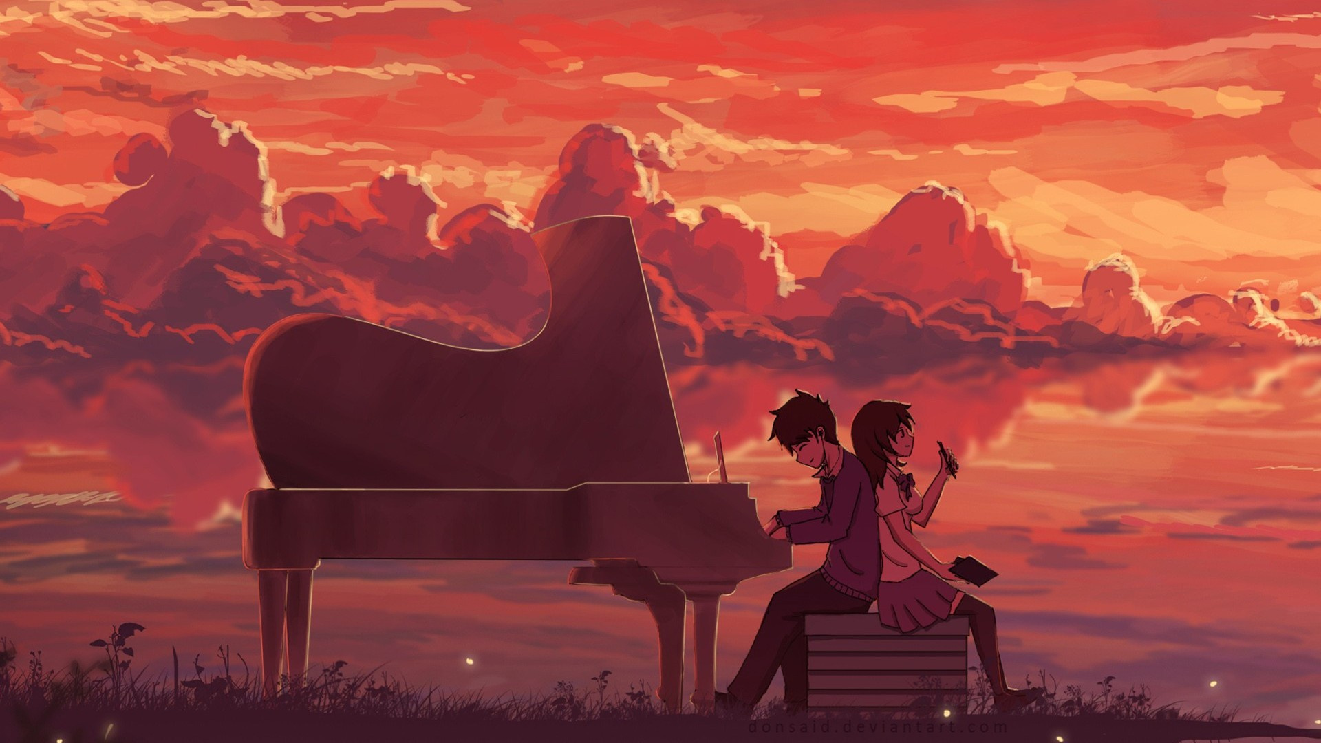 Обои аниме, арт, цифровое искусство, послесвечение, закат в разрешении 1920x1080