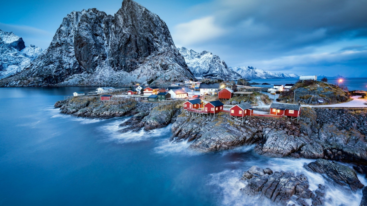 Обои фьорд, гора, побережье, горный хребет, достопримечательность в разрешении 1280x720