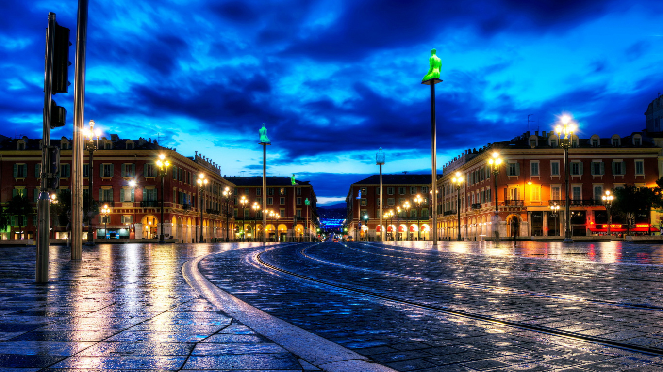 Обои ночь, город, вода, отражение, вечер в разрешении 1366x768