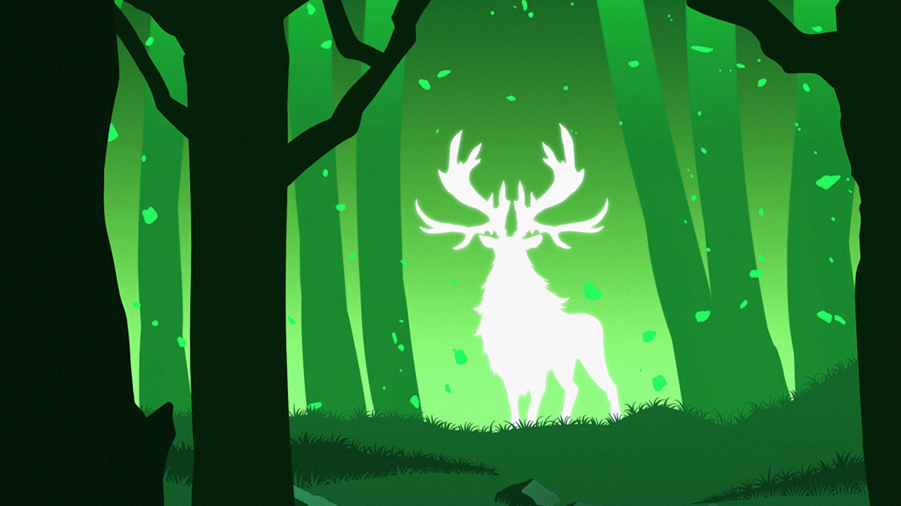 Обои силуэт, зеленый, иллюстрация, дерево, олень в разрешении 1280x720