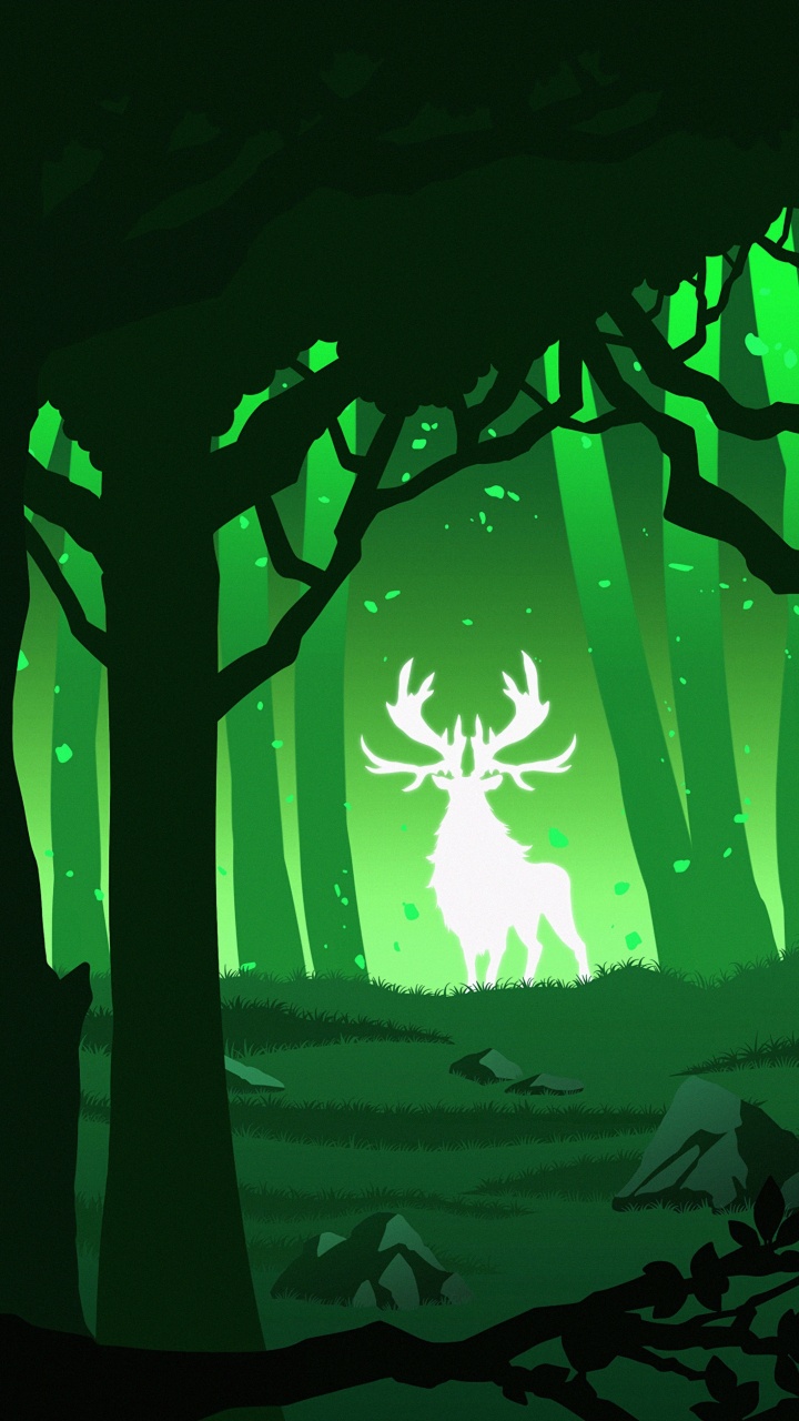 Обои силуэт, зеленый, иллюстрация, дерево, олень в разрешении 720x1280