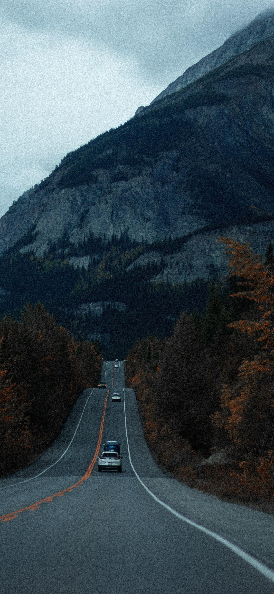 Обои нагорье, гора, облако, легковые автомобили, растение в разрешении 1125x2436