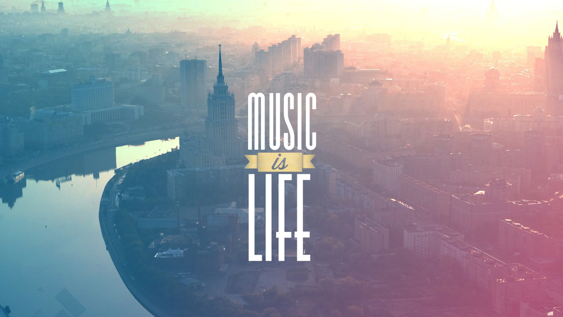 Обои атмосфера, небоскреб, город, музыка, небо в разрешении 1920x1080