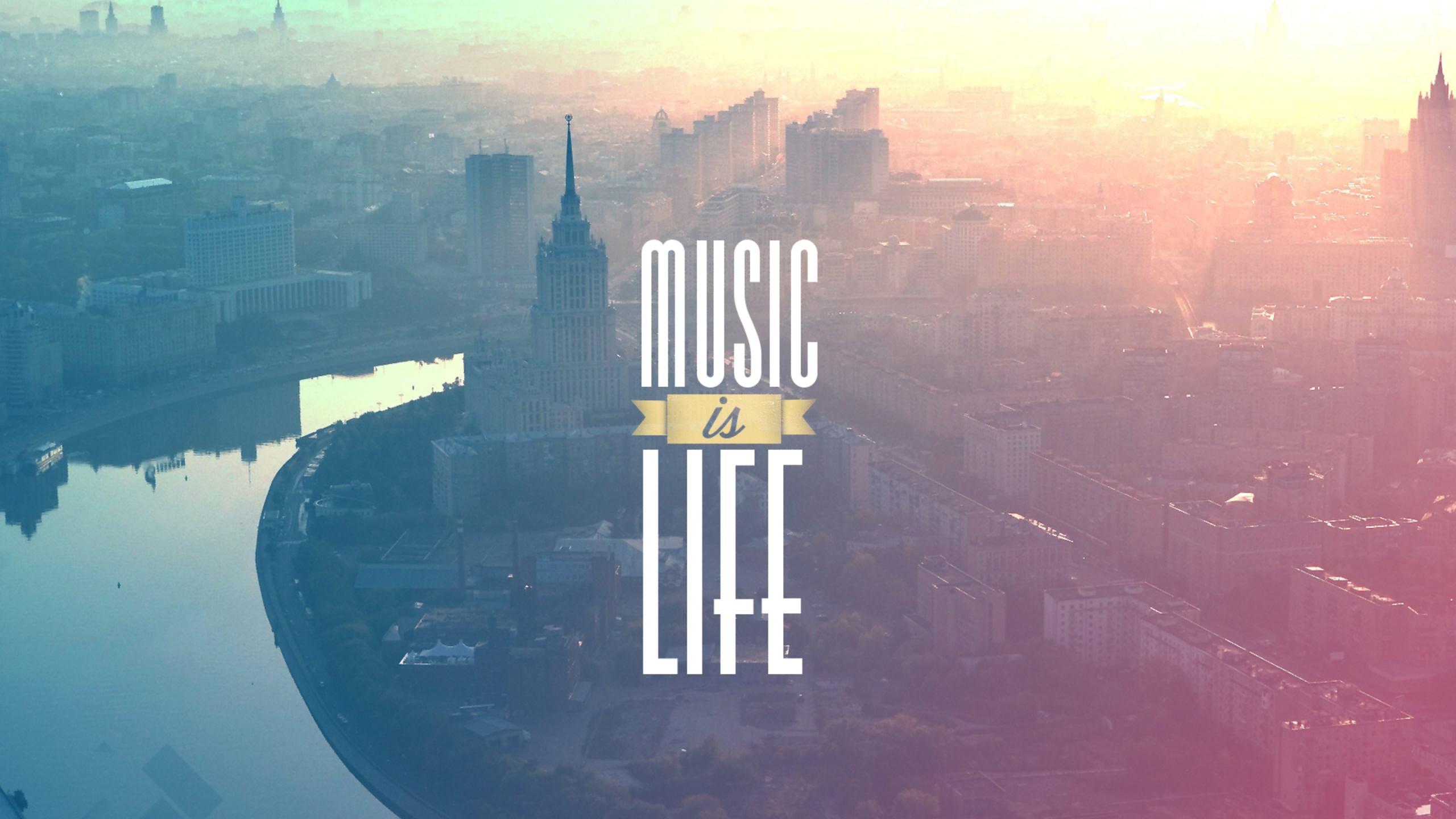 Обои атмосфера, небоскреб, город, музыка, небо в разрешении 2560x1440