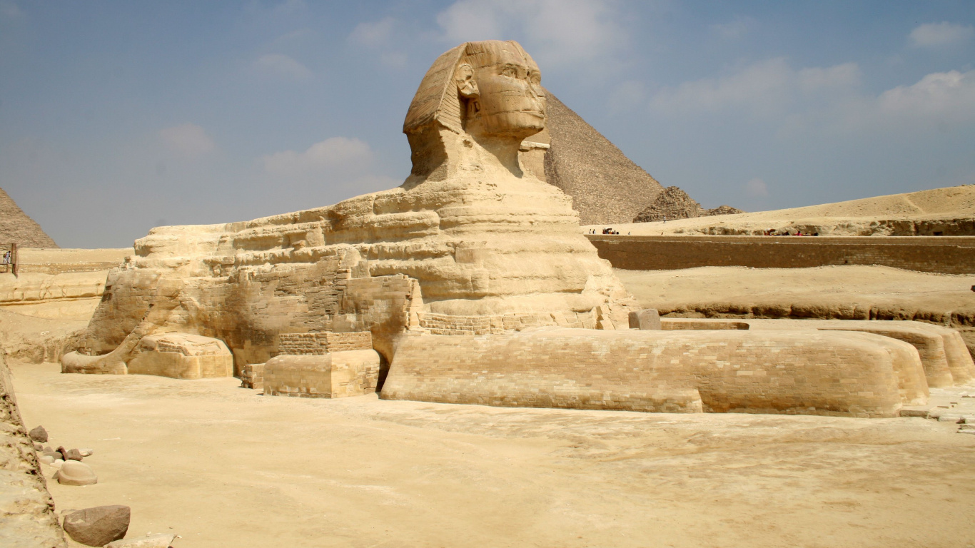 Обои Великий Сфинкс Гизы, древняя история, историческое место, археологический памятник, погребальный храм в разрешении 1366x768