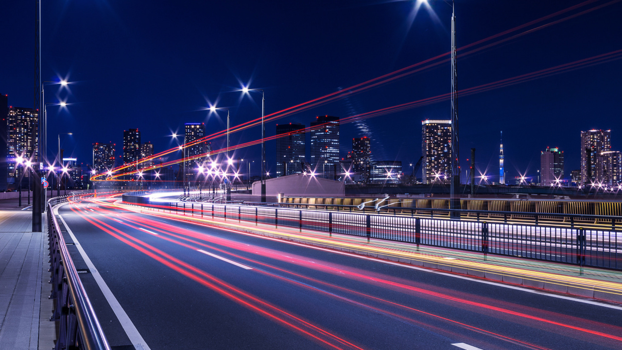 Обои Токио, дорога, ночь, уличный фонарь, магистраль в разрешении 1280x720