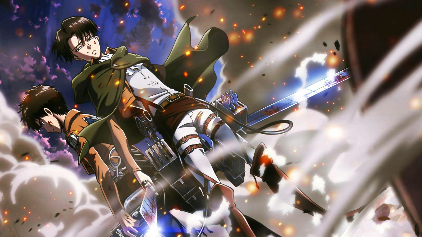 Обои эрен йегер, Леви, Микаса Акерман, нападение на титан, аниме в разрешении 1366x768