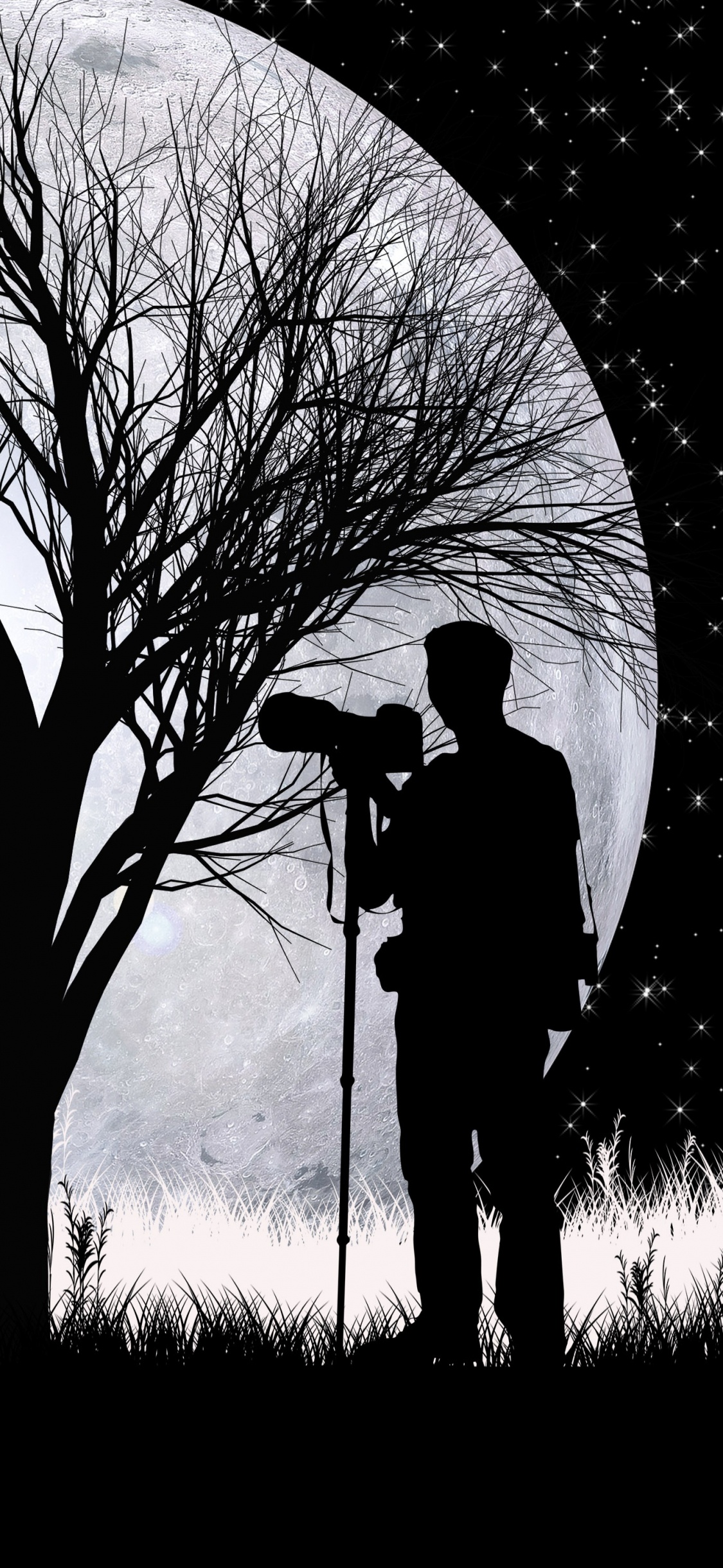 Обои волк, силуэт, луна, арт, дерево в разрешении 1125x2436