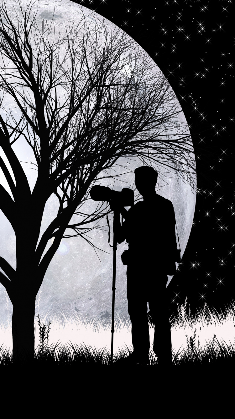 Обои волк, силуэт, луна, арт, дерево в разрешении 750x1334