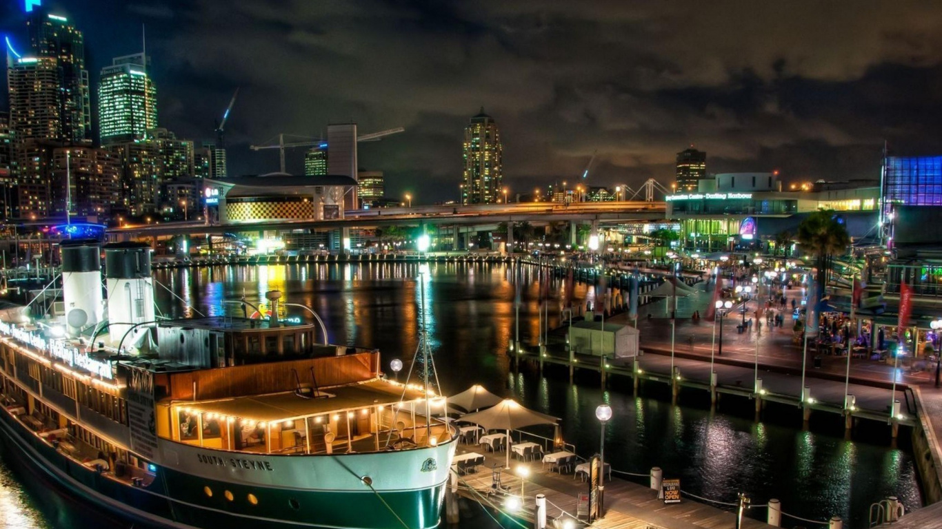 Обои мост Харбор Бридж, Дарлинг Харбор, гавань, лодка, порт в разрешении 1366x768