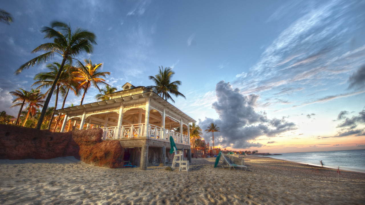 Обои пляж, дом на пляже, Пальма, берег, горизонт в разрешении 1280x720