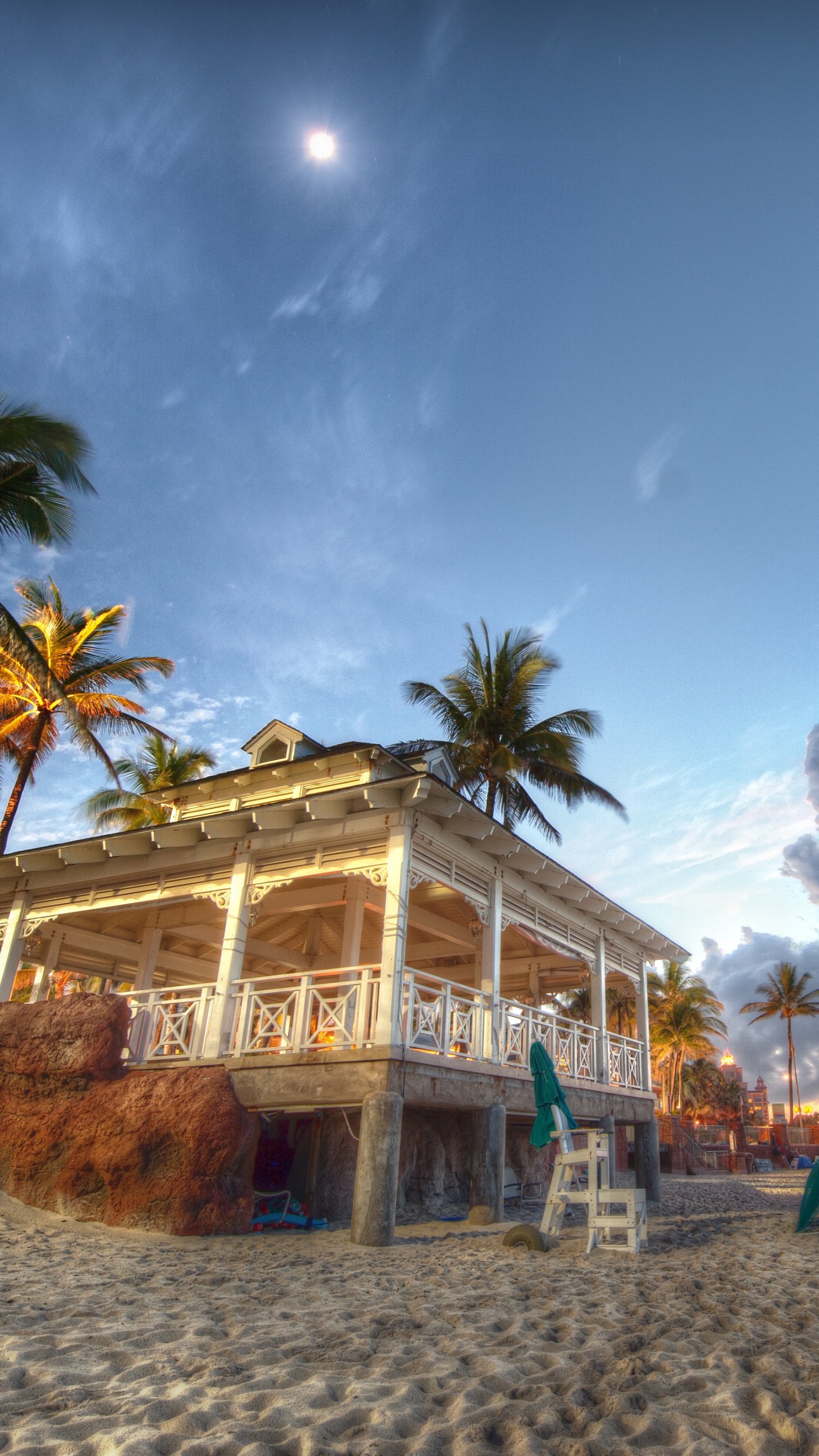 Обои пляж, дом на пляже, Пальма, берег, горизонт в разрешении 1440x2560