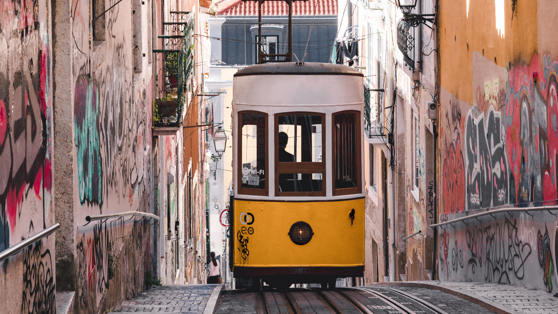 Обои тележка, транспорт, трамвай, городок, желтый в разрешении 1920x1080