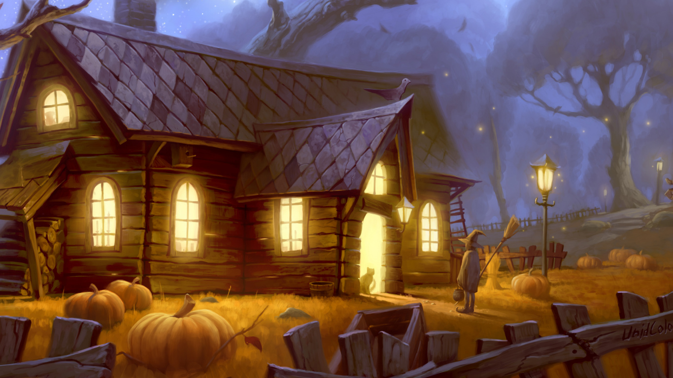 Обои арт, родина, дерево, Хаус, бревенчатый домик в разрешении 1366x768