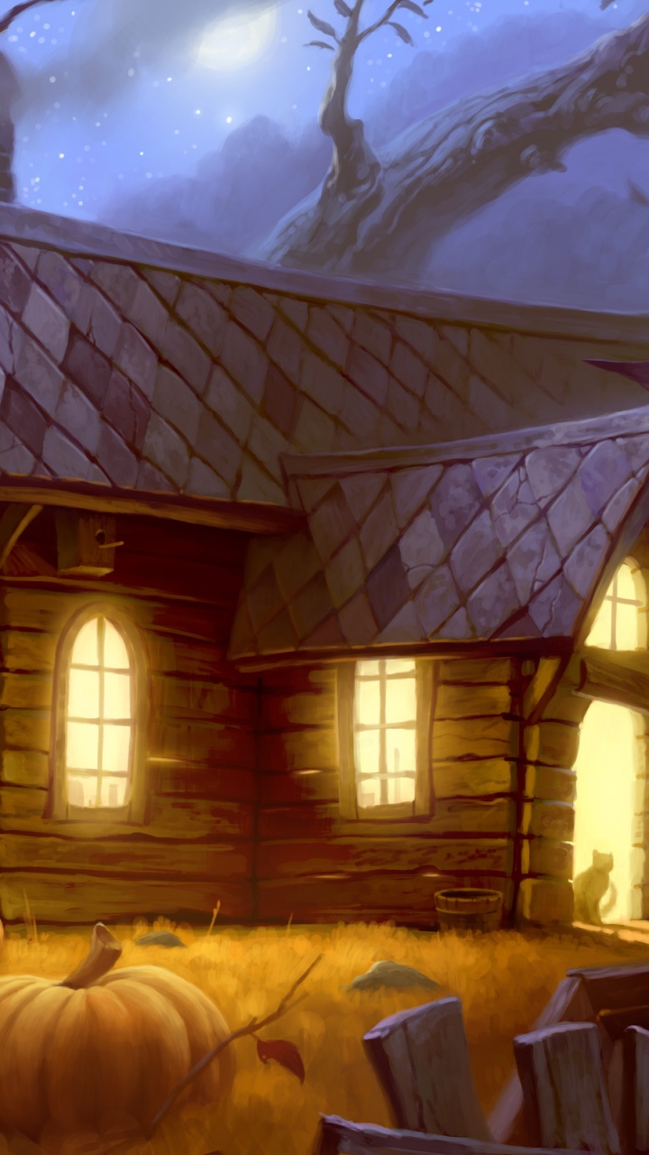 Обои арт, родина, дерево, Хаус, бревенчатый домик в разрешении 720x1280