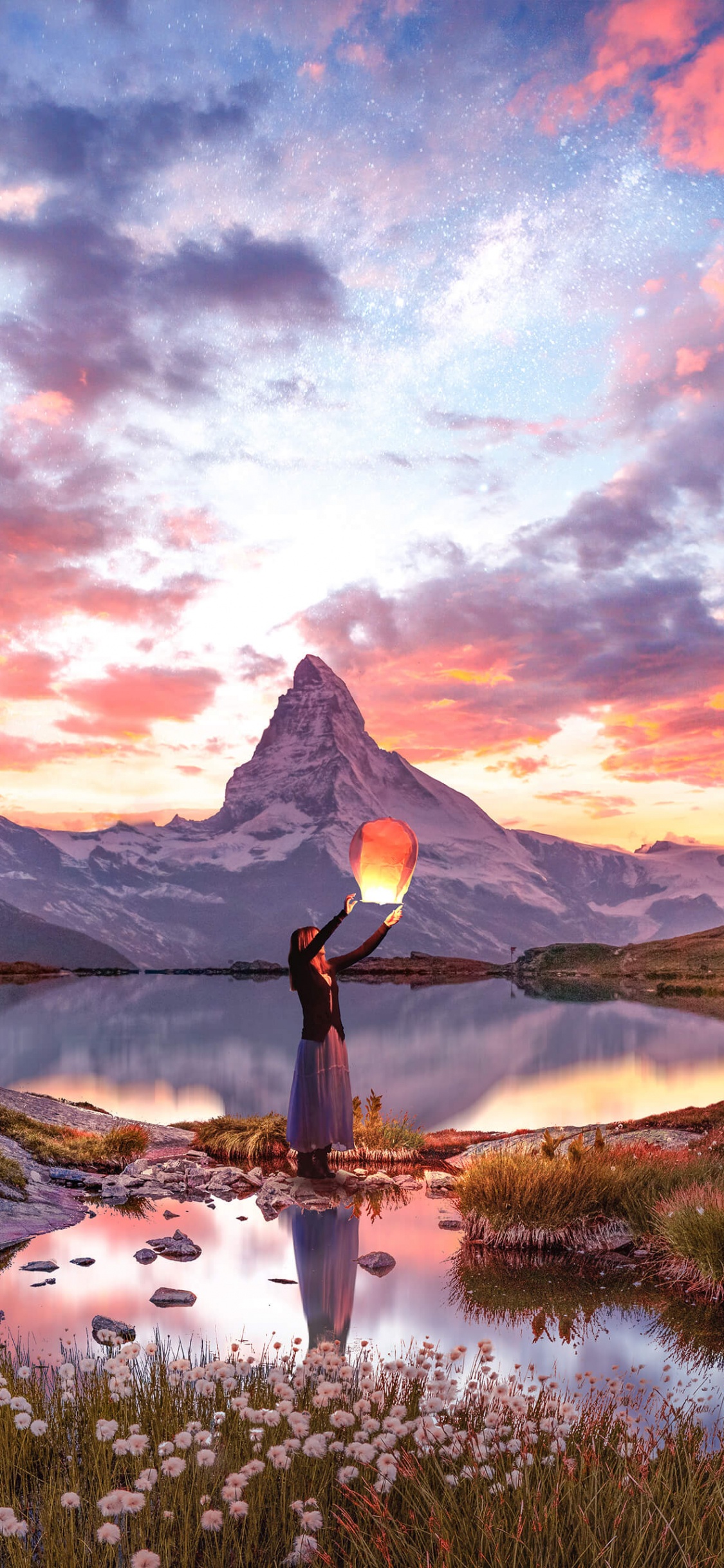 Обои облако, вода, гора, растение, послесвечение в разрешении 1125x2436