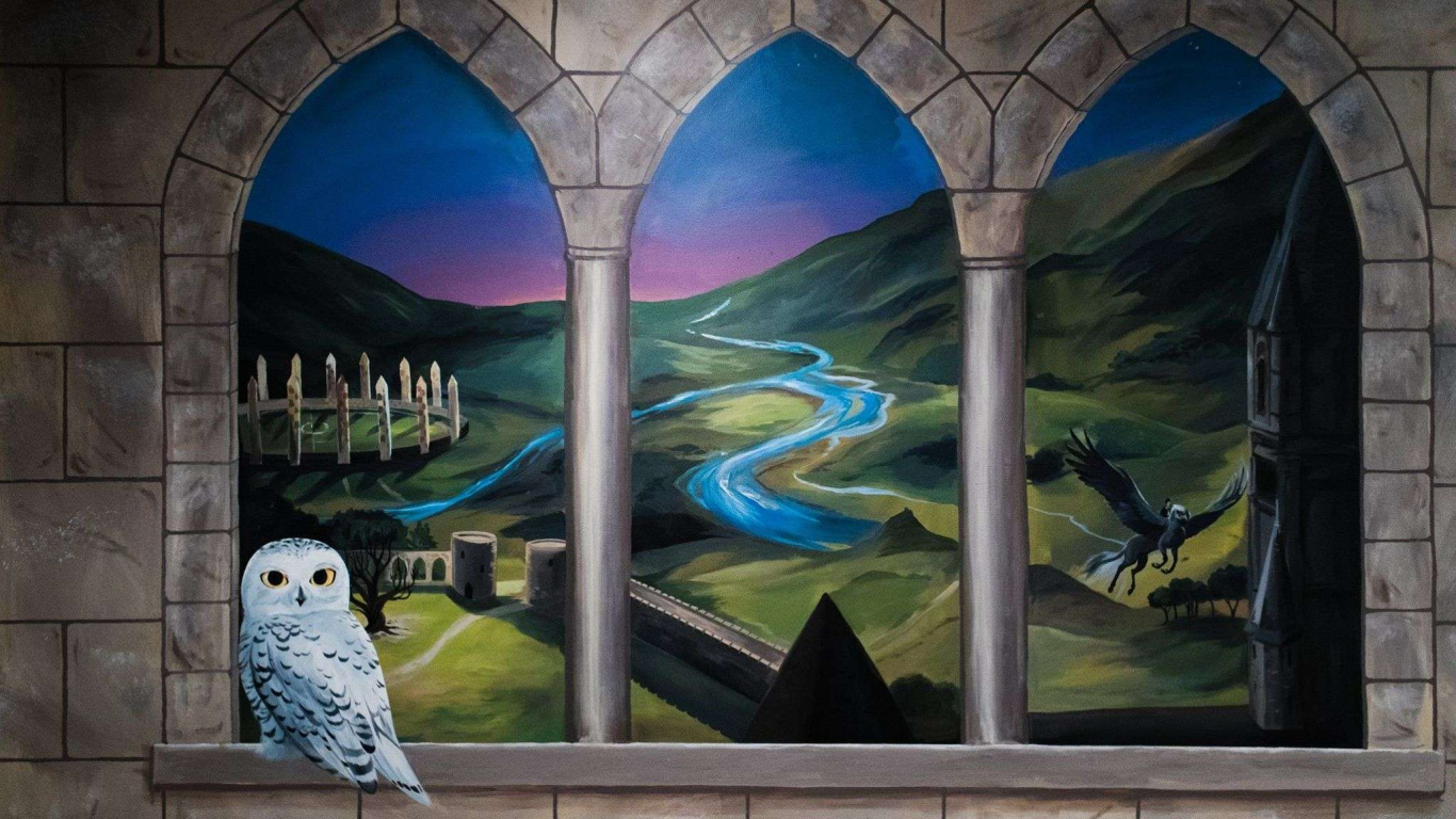 Обои живопись, Гарри Поттер, фреска, стена, Волшебный мир Гарри Поттера в разрешении 1366x768