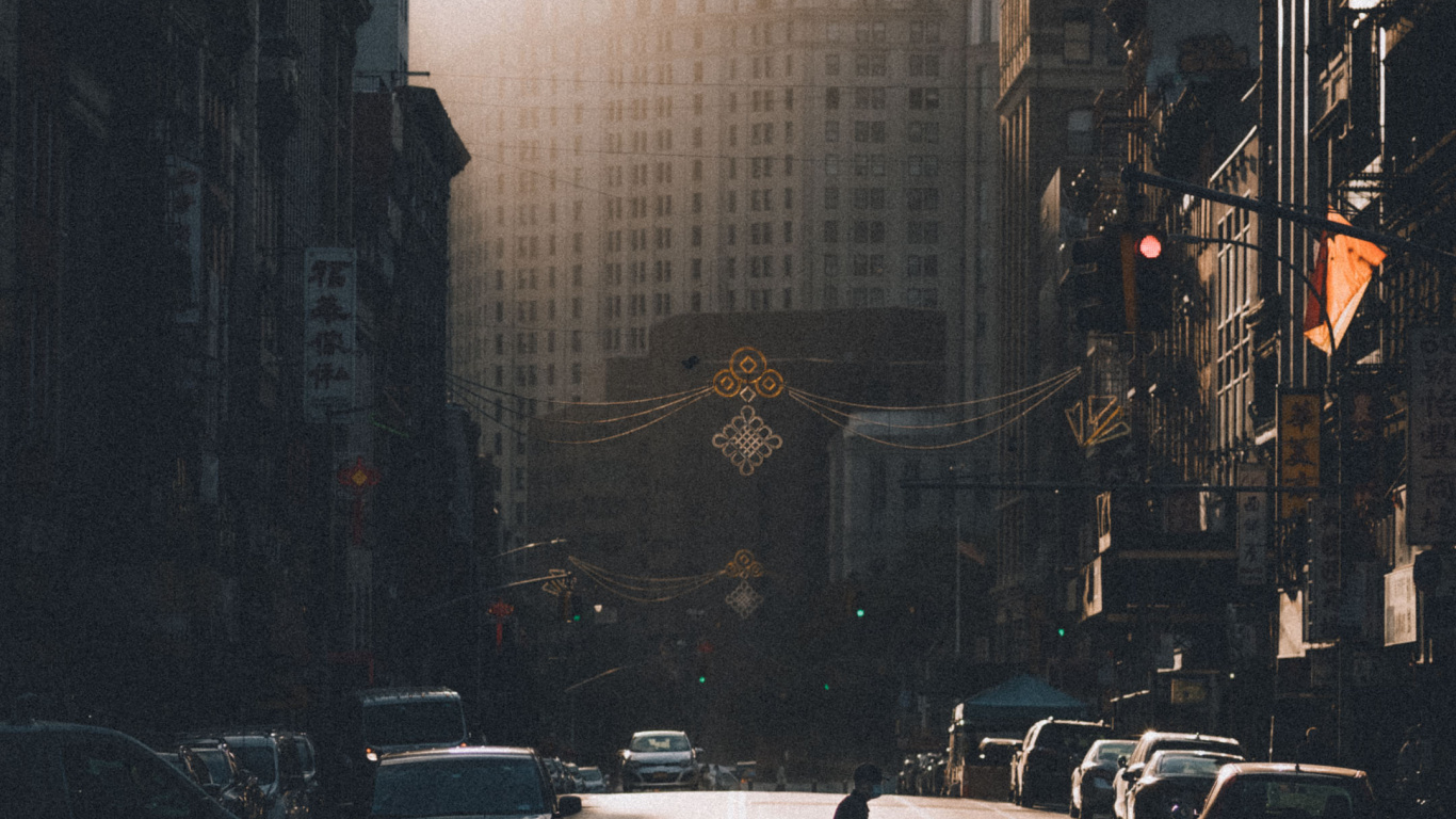 Обои городской район, постер, здание, атмосфера, небоскреб в разрешении 1366x768