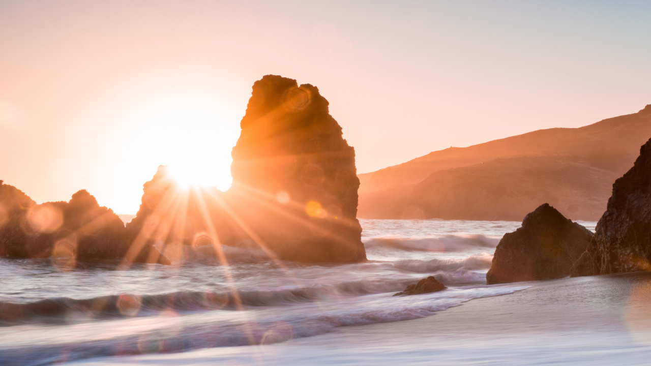 Обои море, рок, солнечный свет, утро, Бог в разрешении 1280x720