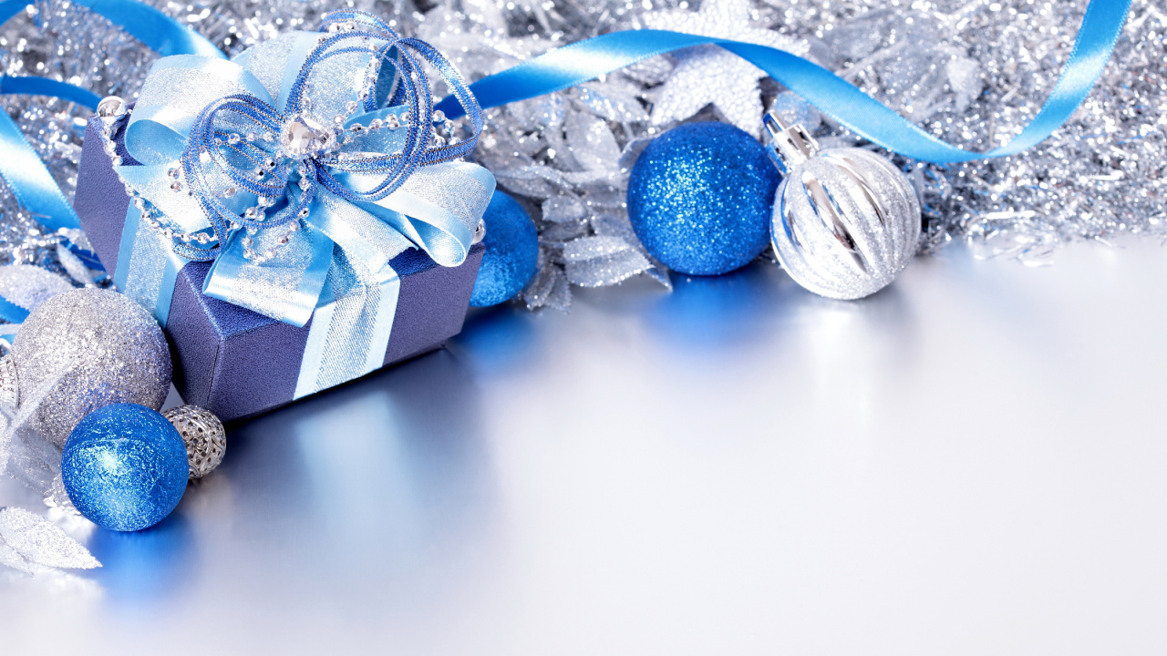 Обои Рождественский день, рождественский орнамент, Рождественские украшения, подарок, синий в разрешении 1280x720