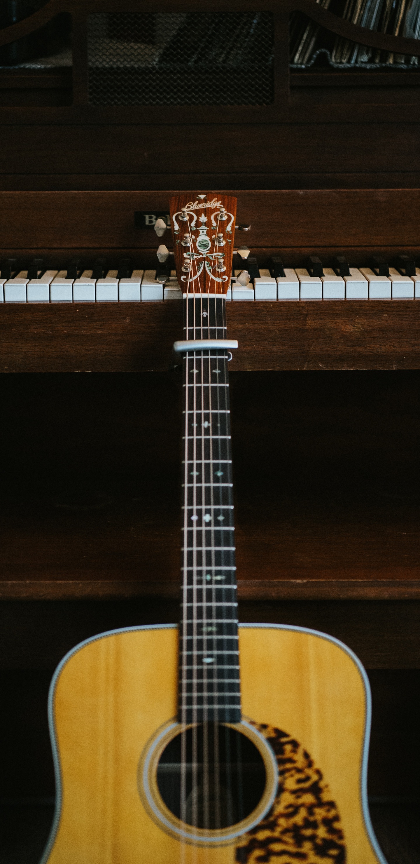 Обои гитара, акустическая гитара, фортепьяно, струнный инструмент, музыкальный инструмент в разрешении 1440x2960