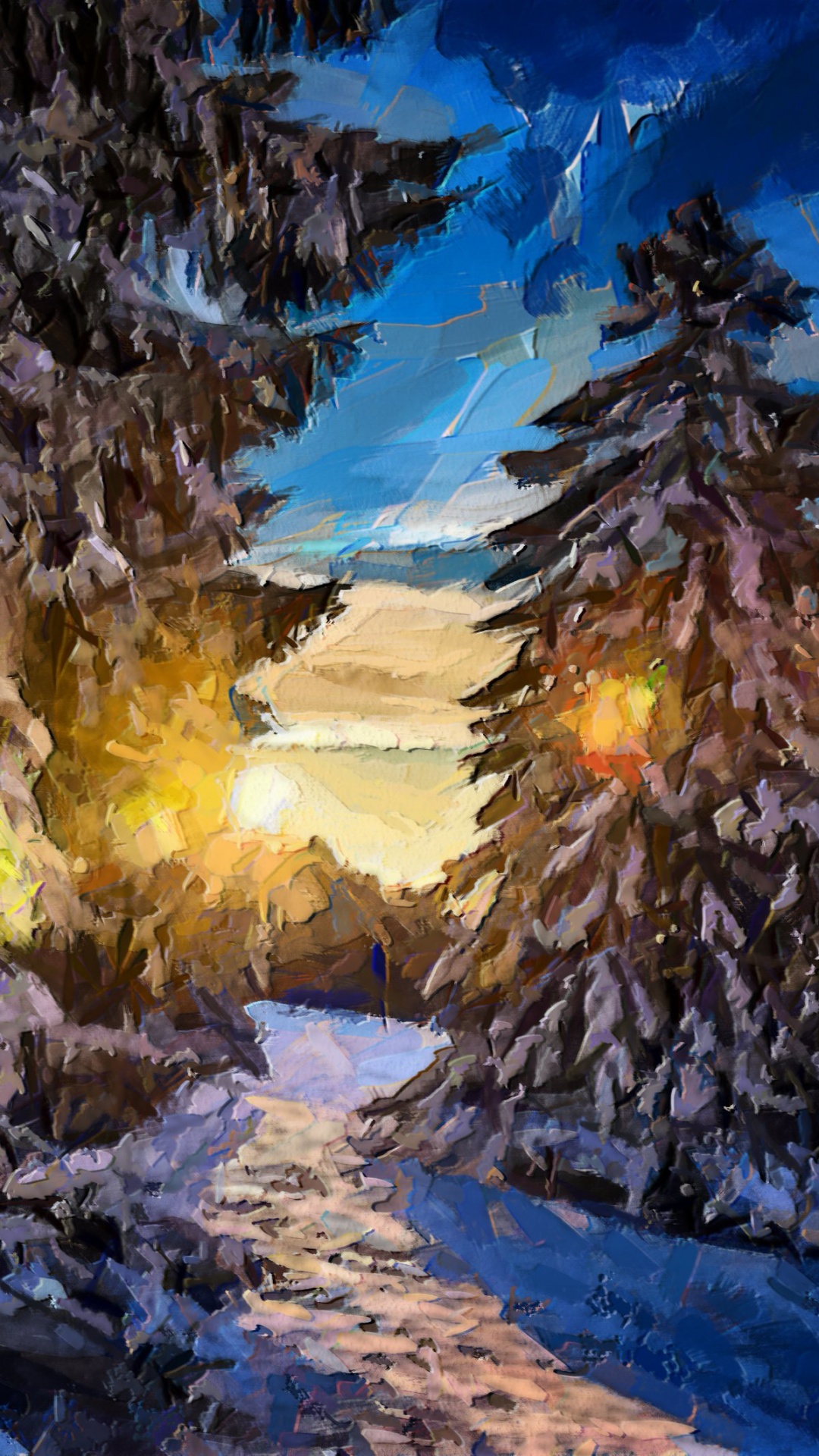 Обои живопись, природа, дерево, зима, снег в разрешении 1080x1920