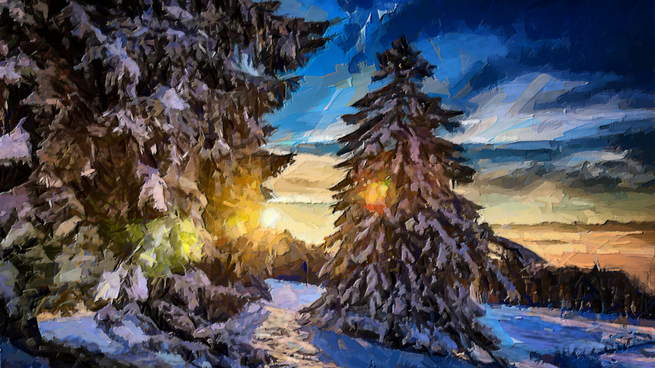Обои живопись, природа, дерево, зима, снег в разрешении 1280x720