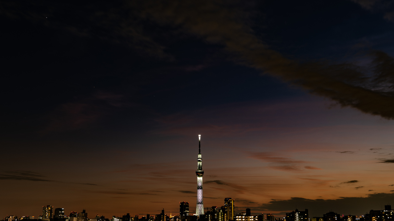 Обои ночь, здание, закат, архитектура, облако в разрешении 1280x720