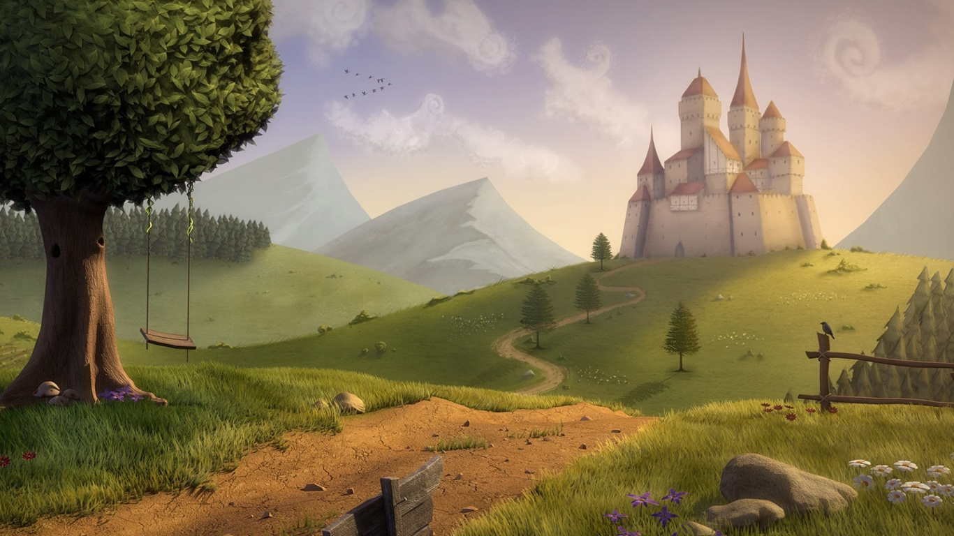 Обои пейзаж, холм, сенокосное угодье, дерево, пейзажи гор в разрешении 1366x768