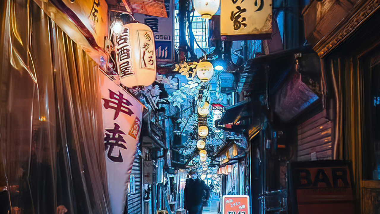 Обои аллея, здание, синий, арт, соседство в разрешении 1280x720