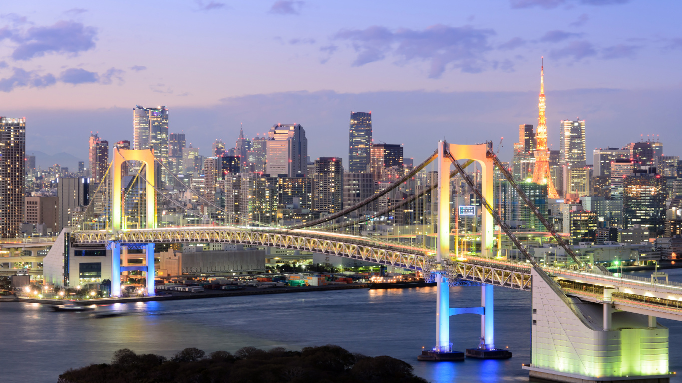 Обои Радужный мост, токийский залив, мост, городской пейзаж, город в разрешении 1366x768