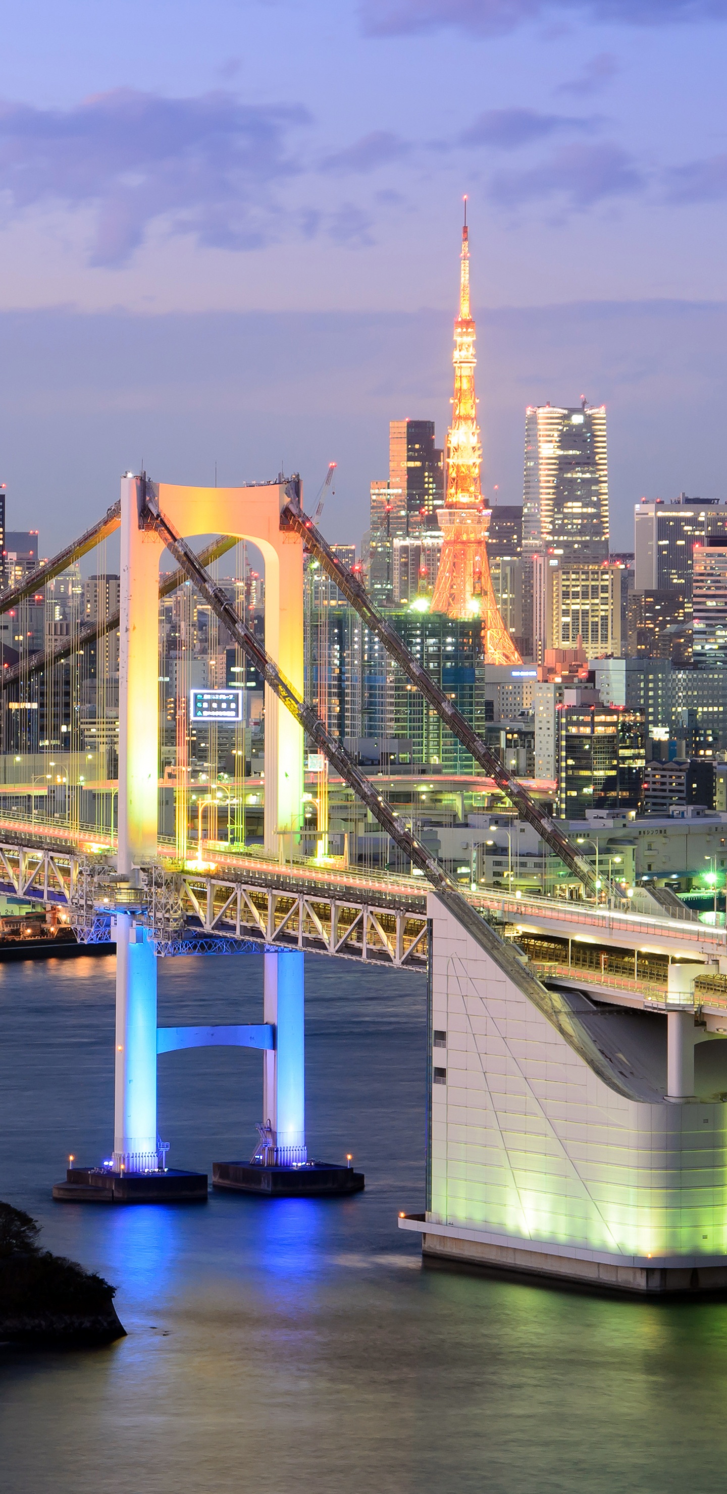 Обои Радужный мост, токийский залив, мост, городской пейзаж, город в разрешении 1440x2960