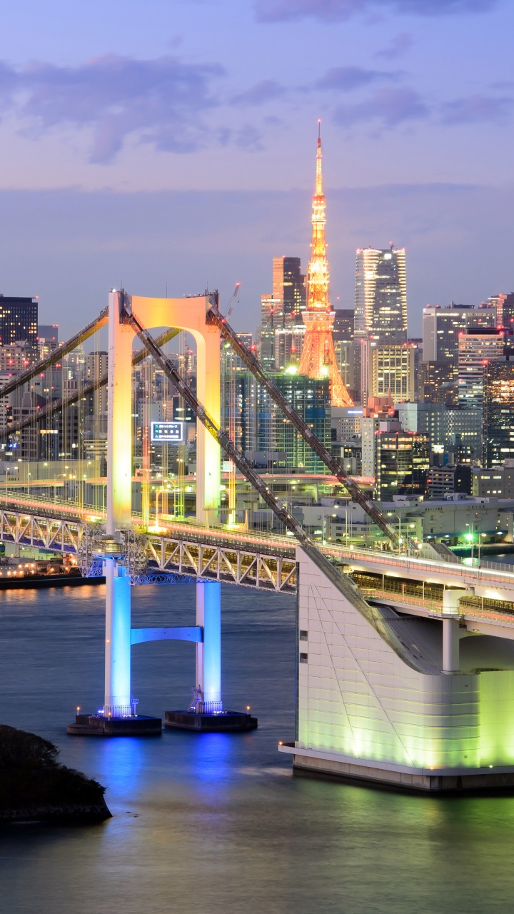 Обои Радужный мост, токийский залив, мост, городской пейзаж, город в разрешении 720x1280