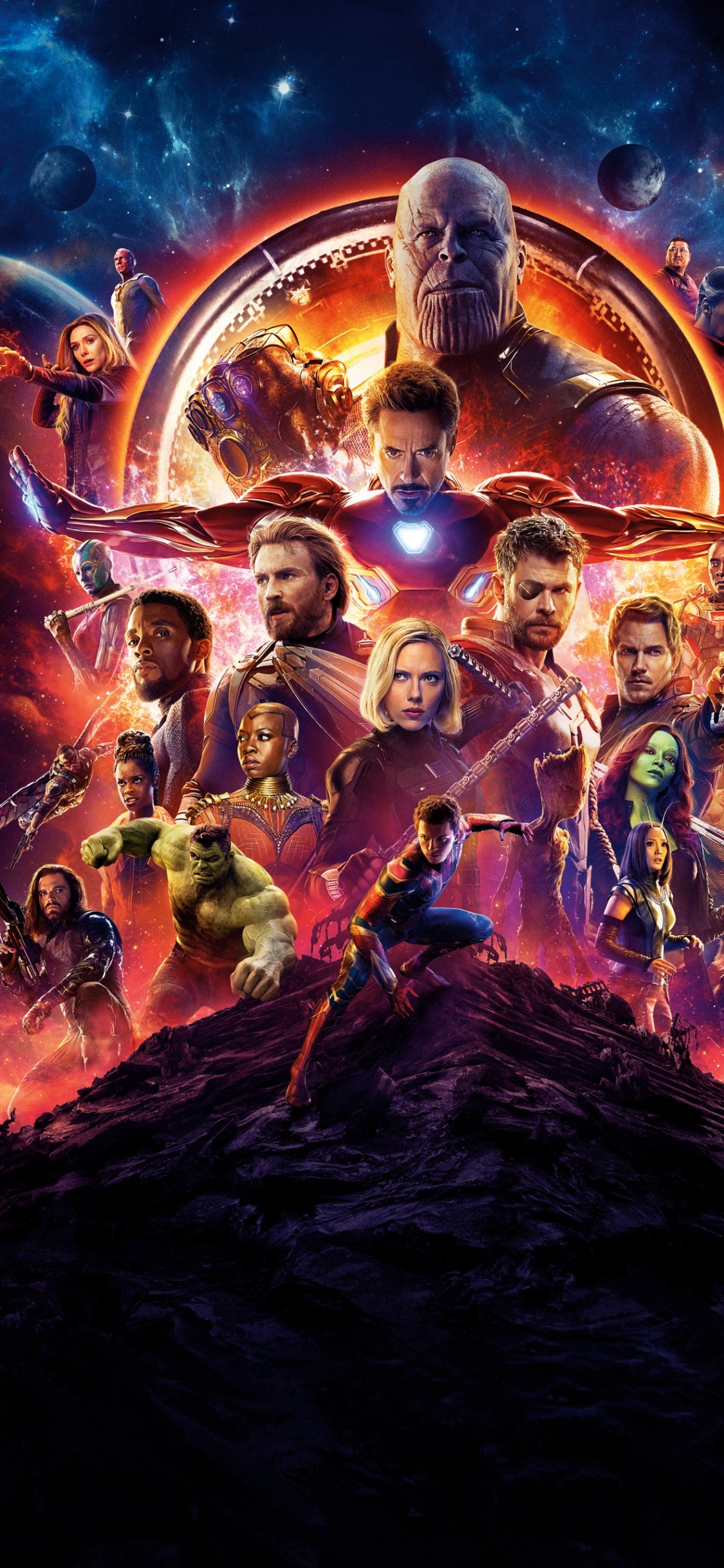 Обои комиксы Марвел, Плакат Мстителей: Война бесконечности, Том Холланд, Крис Хемсворт, Мстители: Война бесконечности в разрешении 1125x2436