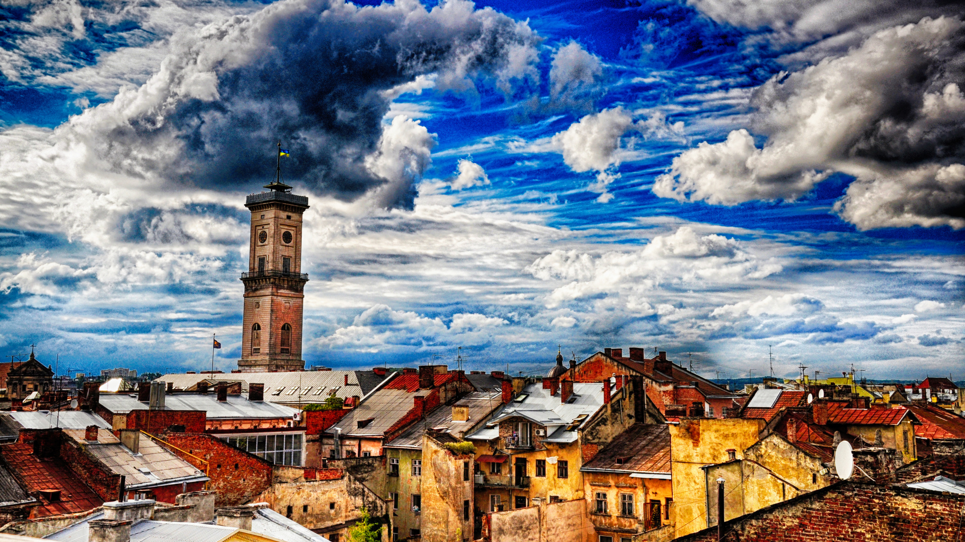 Обои облако, городок, ориентир, дневное время, город в разрешении 1920x1080