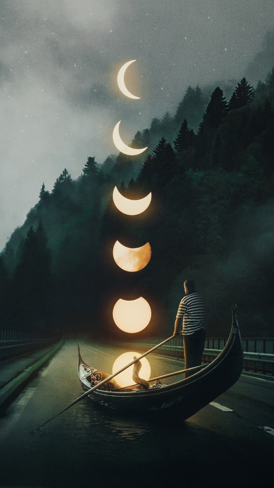 Обои вода, атмосфера, растение, лодка, луна в разрешении 1080x1920