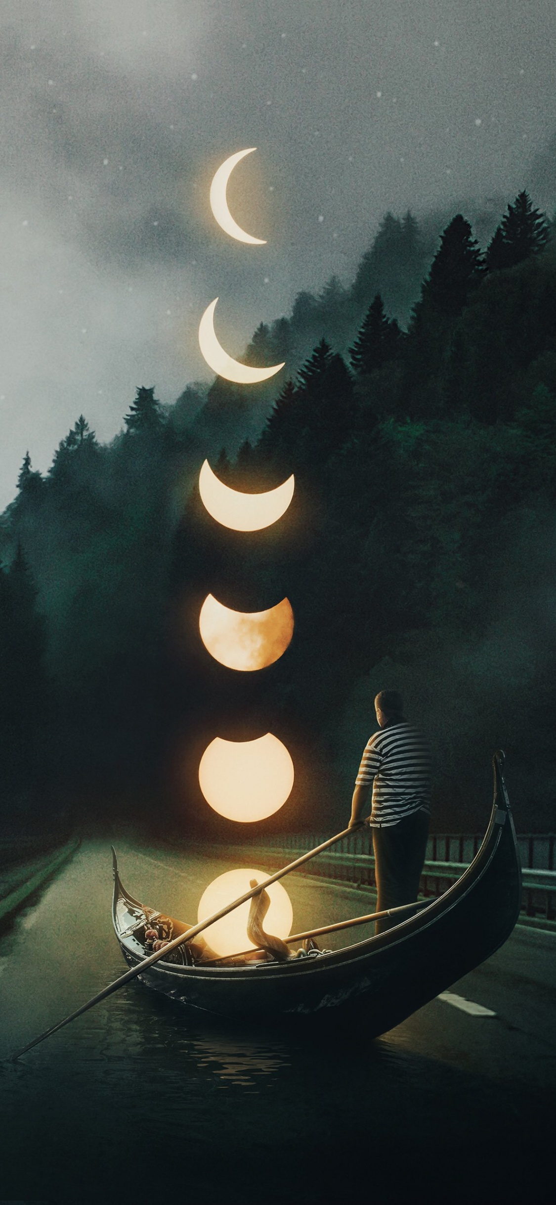 Обои вода, атмосфера, растение, лодка, луна в разрешении 1125x2436