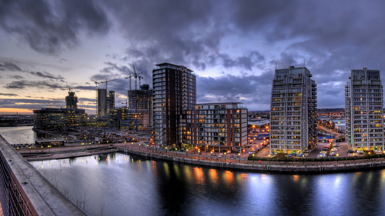 Обои Манчестер, город, городской пейзаж, линия горизонта, городской район в разрешении 1280x720