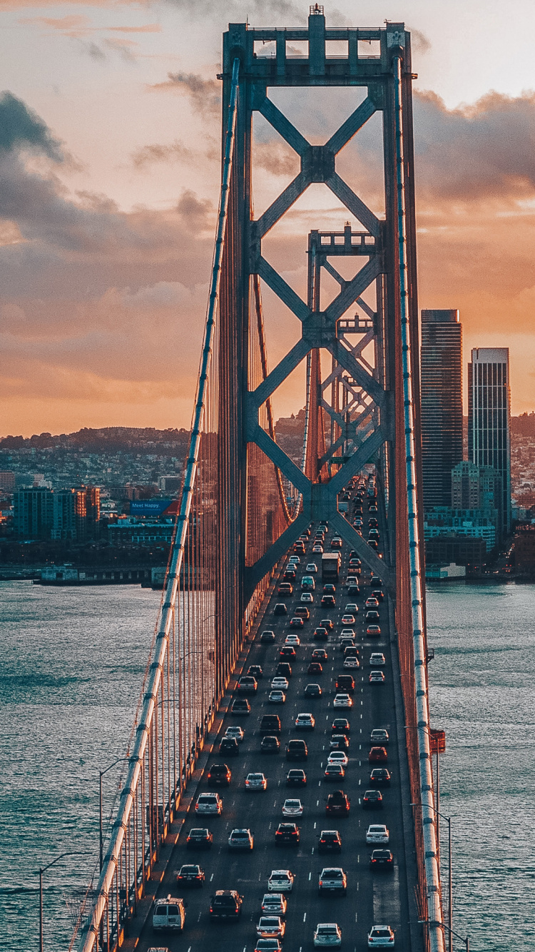 Обои Сан-Франциско-Окленд Бэй-Бридж, облако, вода, здание, инфраструктура в разрешении 750x1334