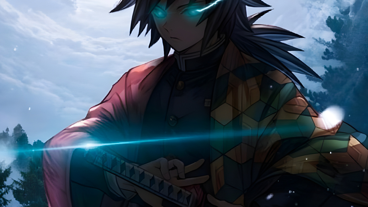 Обои аниме, убийца демонов, гию томиока, убийца демонов kimetsu no yaiba, аниме арт в разрешении 1280x720