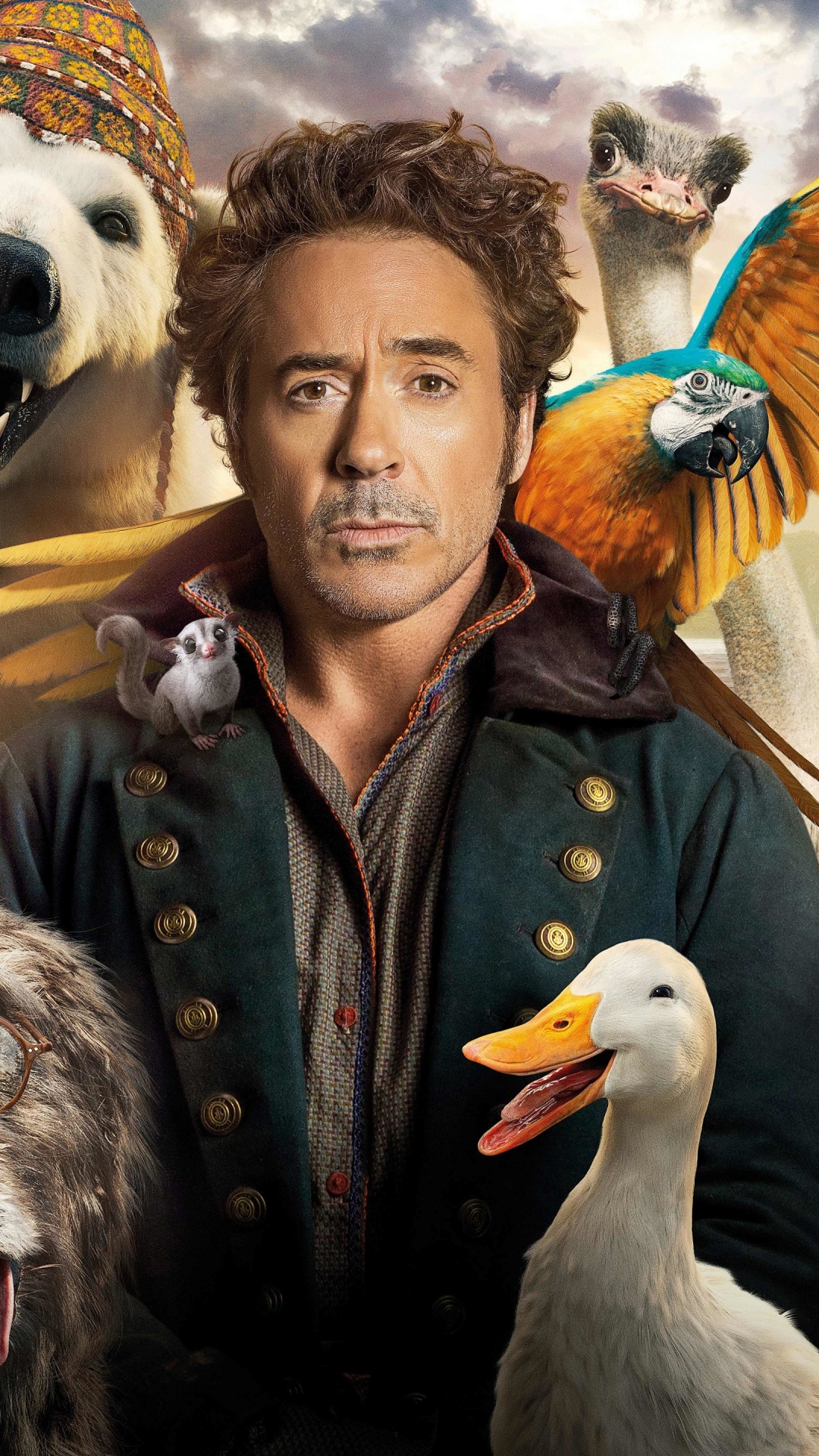 Обои Роберт Дауни младший, Дулиттл, Universal Pictures, птица, облако в разрешении 1080x1920