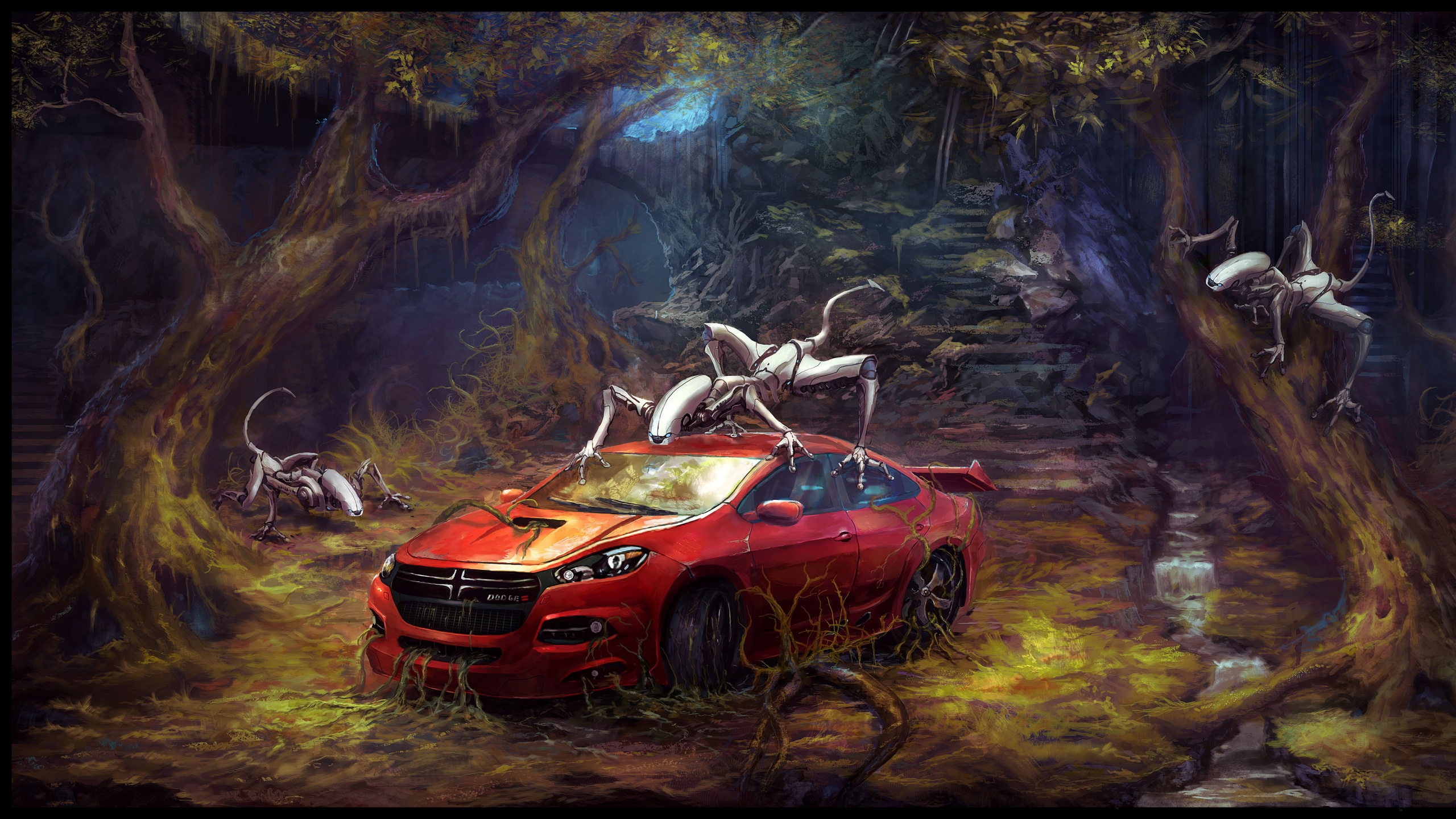 Обои авто, живопись, пейзаж, компьютерная игра, сплочение в разрешении 2560x1440