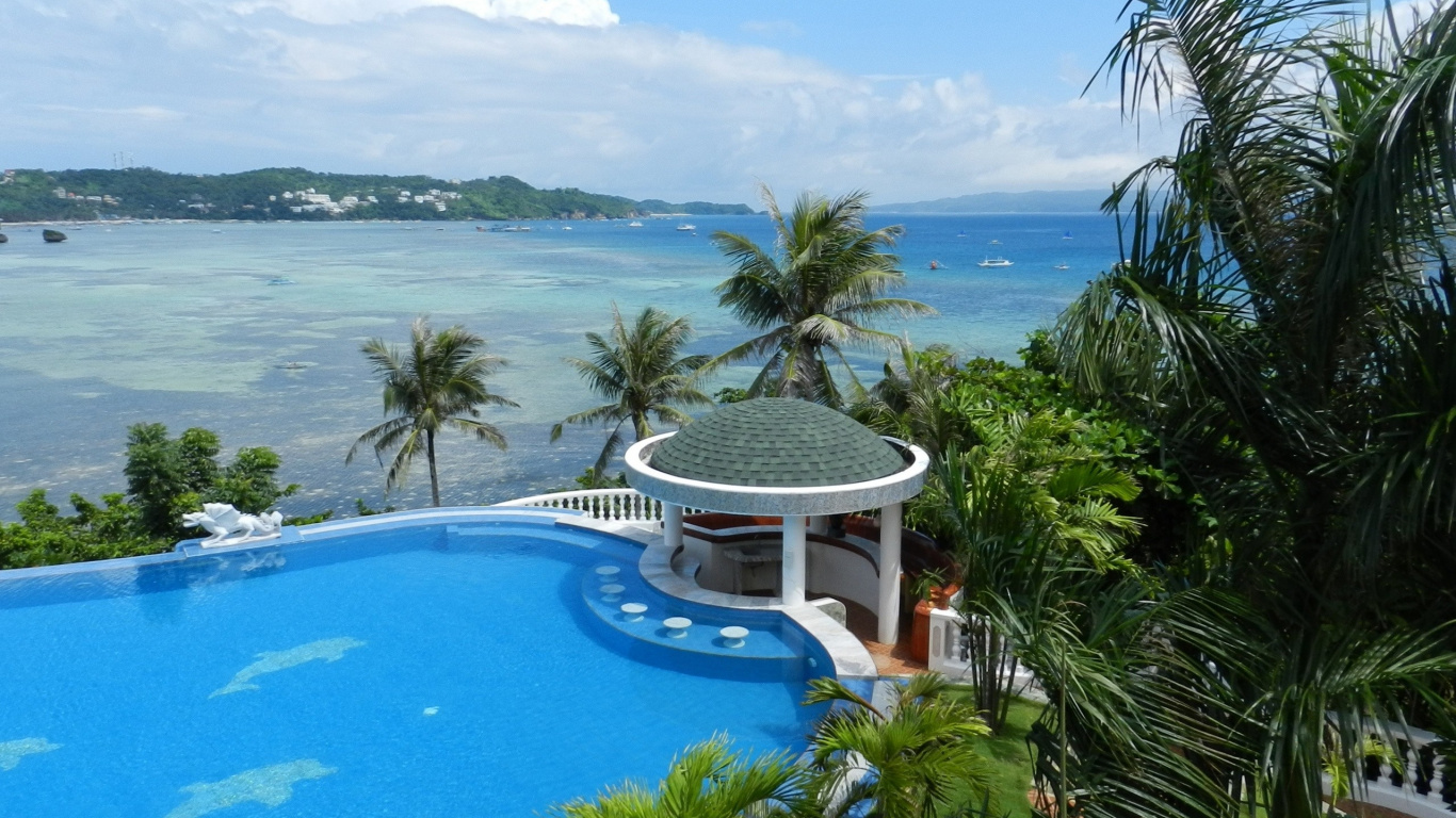 Обои дом на пляже, свойство, Карибский бассейн, недвижимость, пальмовые острова в разрешении 1366x768