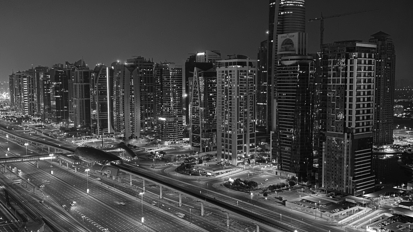 Обои Дубай, дорога, ночь, башня, метрополия в разрешении 1366x768
