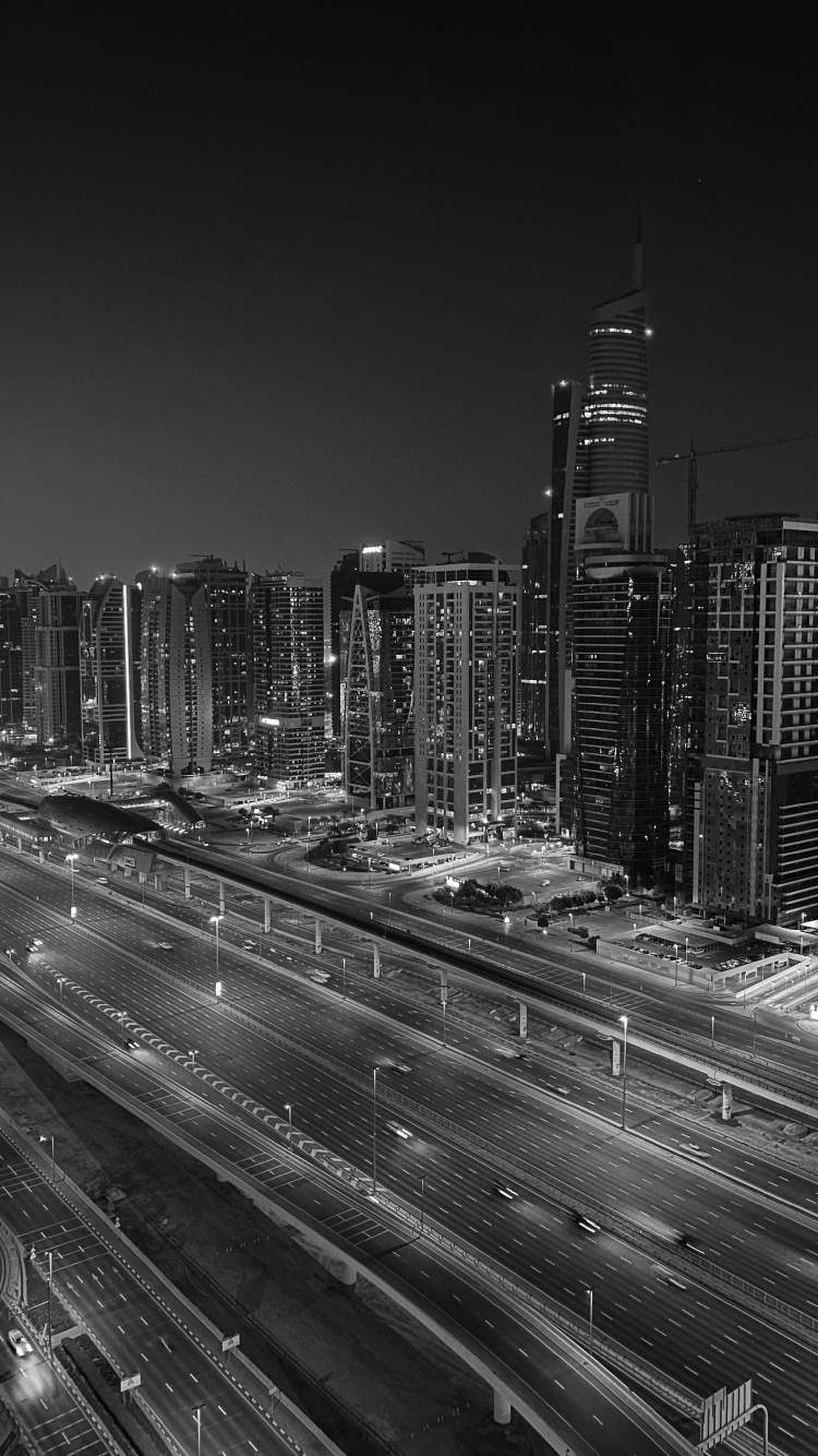 Обои Дубай, дорога, ночь, башня, метрополия в разрешении 750x1334