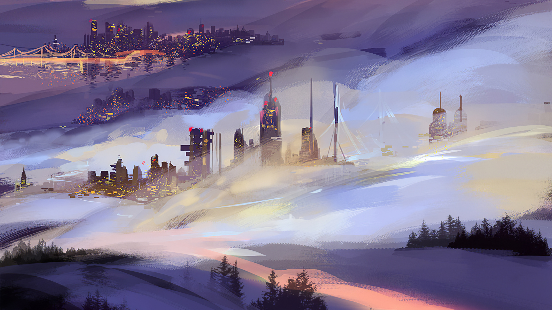 Обои Город тумана, произведение искусства, цифровое искусство, арт, артист в разрешении 1920x1080