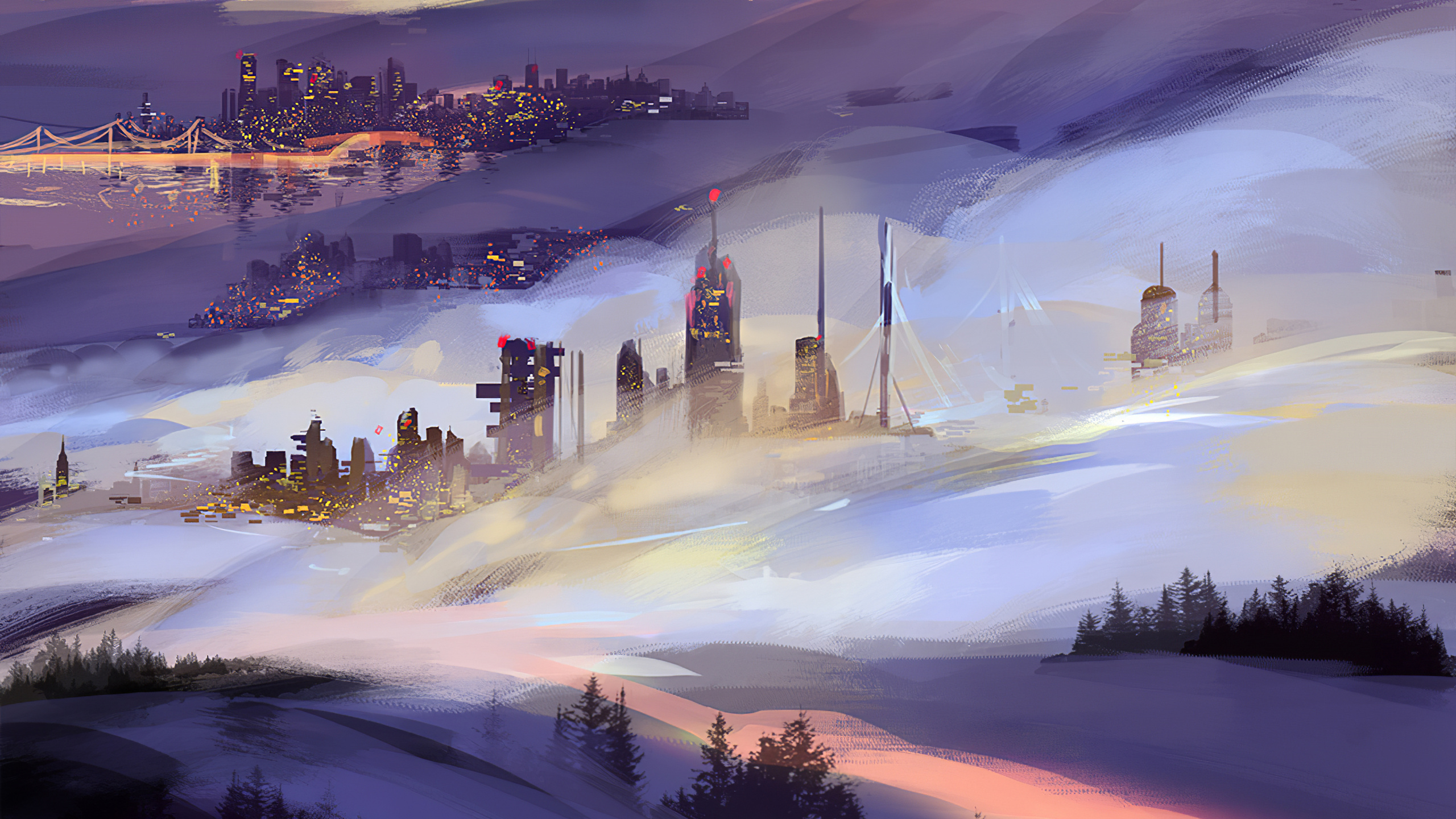 Обои Город тумана, произведение искусства, цифровое искусство, арт, артист в разрешении 2560x1440